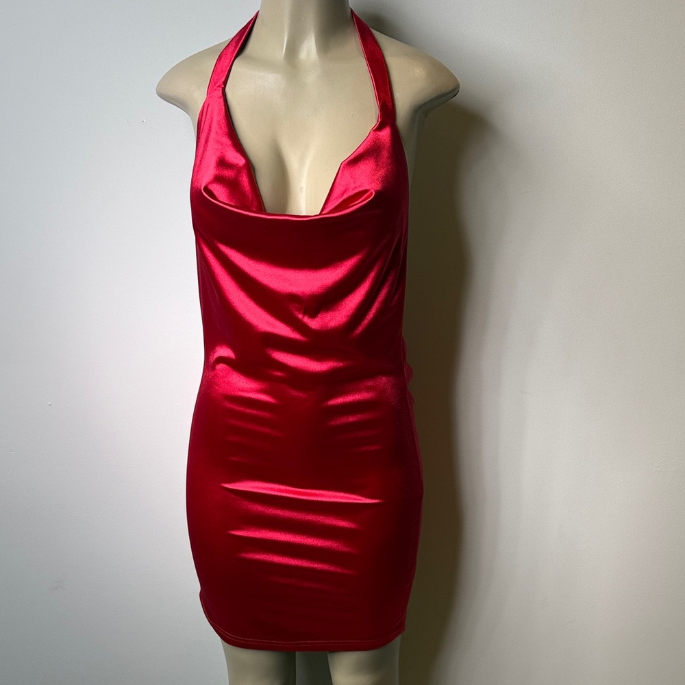 Princess Polly Red Satin Halter Cowl Mini Dress